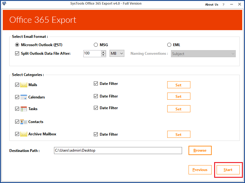 Start Office 365 email extraction