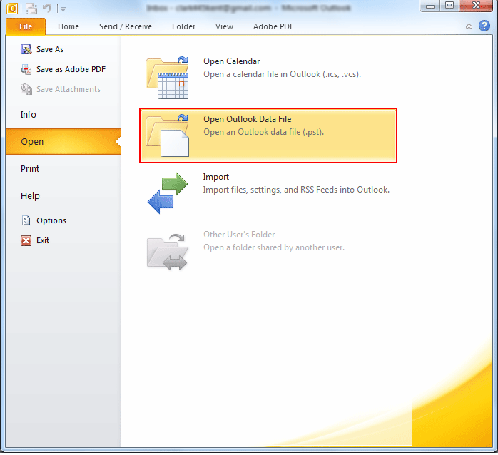 select open outlook data file