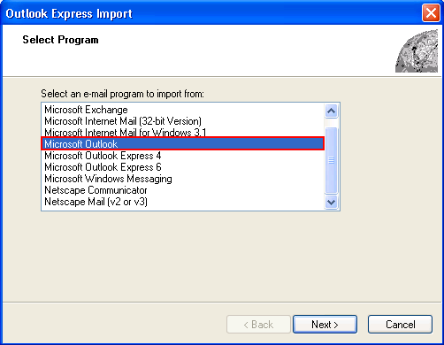 select outlook from email program options